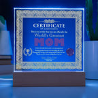 World's Greatest Mom Personalized Certificate – LED Acrylic Plaque Gift for Mother's Day
