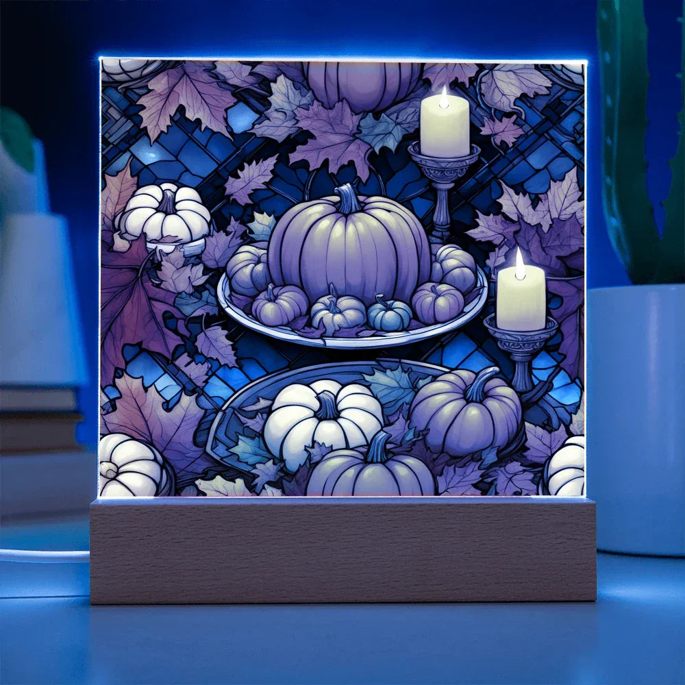 Stained Glass Pumpkin & Candle Acrylic Plaque – Thanksgiving Harvest Centerpiece | Fall Home Décor with LED Light Base