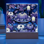Stained Glass Pumpkin & Candle Acrylic Plaque – Thanksgiving Harvest Centerpiece | Fall Home Décor with LED Light Base