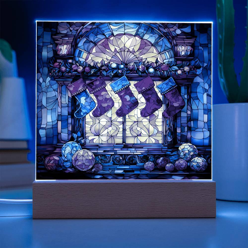 Stained Glass Christmas Stockings Acrylic Plaque with Lighted LED Wooden Base - Mallard Moon Gift Shop