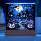 Halloween Decor Haunted Mansion Acrylic Square Plaque with LED Wooden Base