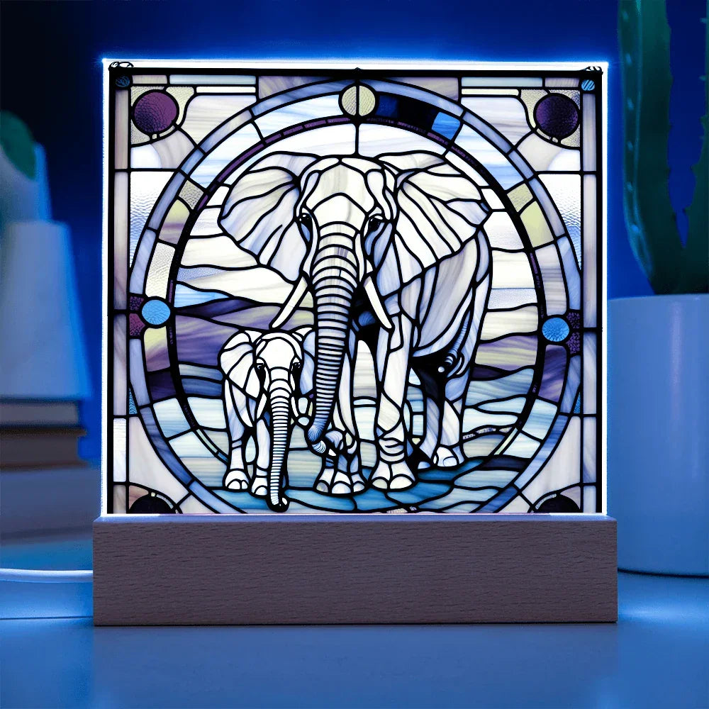 Elephant Mother and Baby Calf - Stained Glass Style LED Acrylic Plaque – A Symbol of Strength, Love, and Family