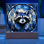 Stained Glass Raccoon Acrylic LED Light Plaque – Custom Animal Art Gift with Wooden Base