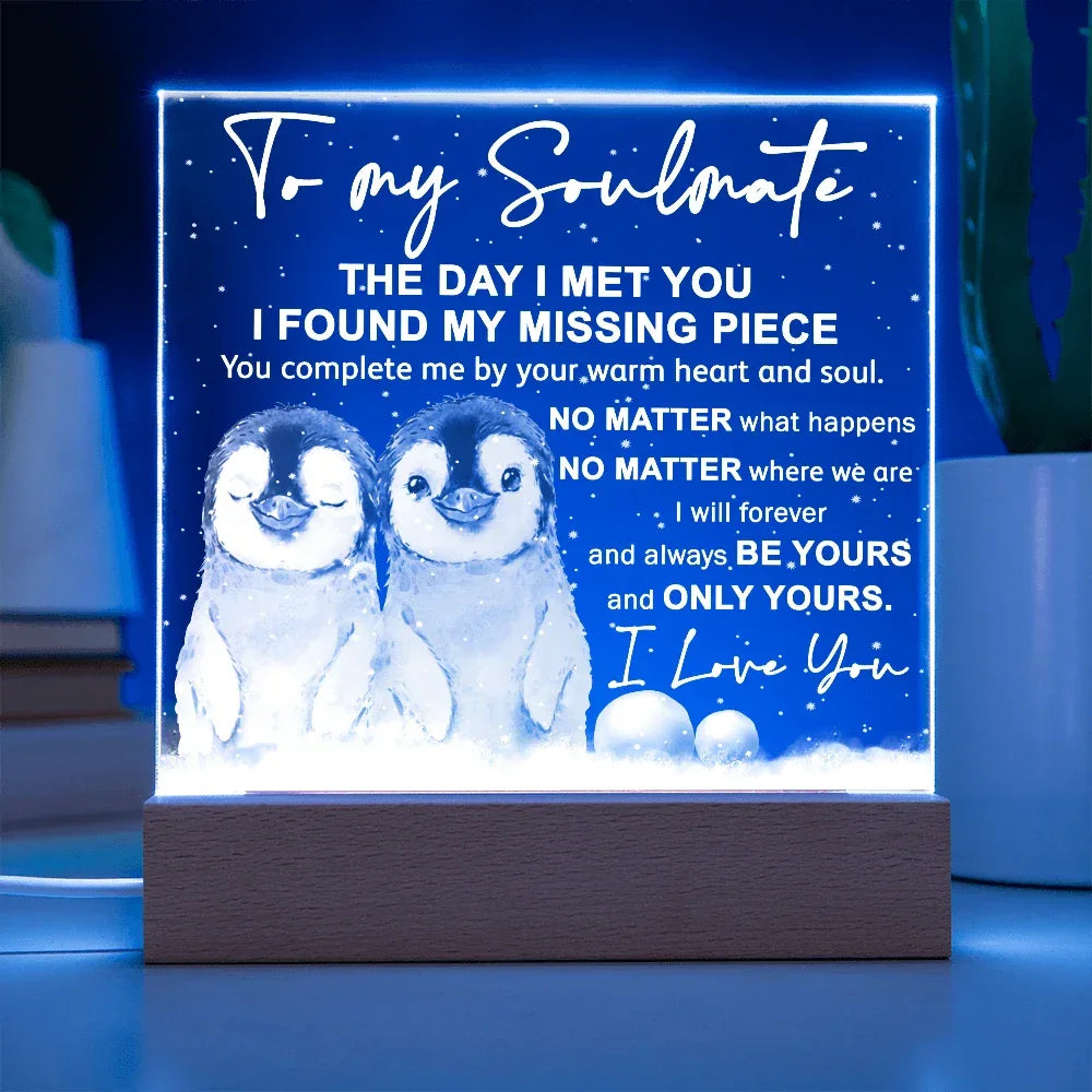 Soulmate Acrylic Plaque – Penguin Couple LED Light Gift | Romantic “You Complete Me” Christmas Keepsake