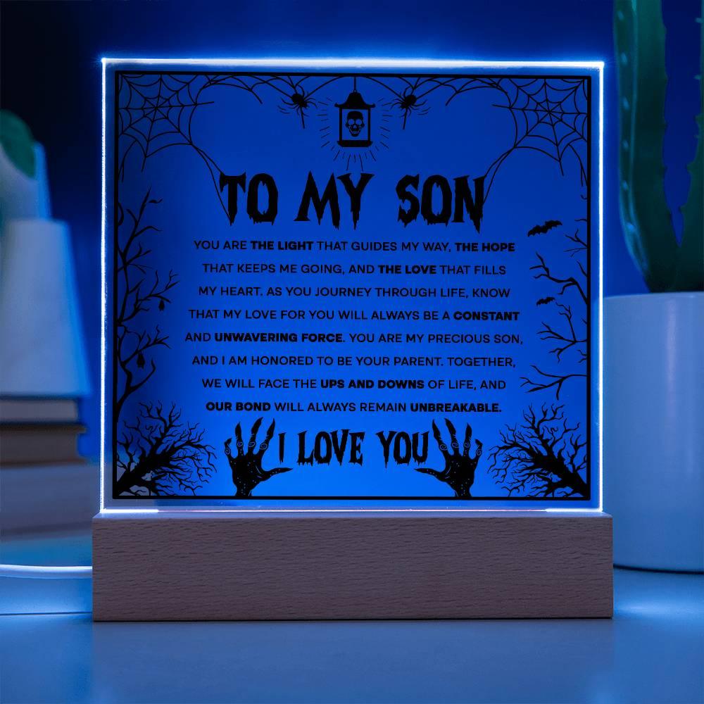 Son - Unwavering Force - Halloween Acrylic Square Plaque with LED Wooden Base - Mallard Moon Gift Shop