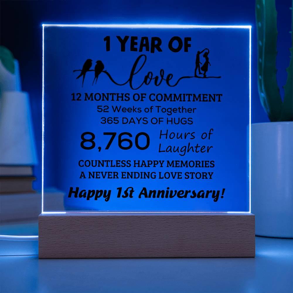 Anniversary Gift One Year of Love, Countless Happy Memories Acrylic Square Plaque with LED Wooden Base - Mallard Moon Gift Shop