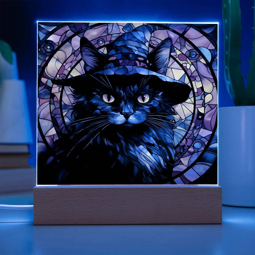 Halloween Decor - Spooky Black Cat Acrylic Square Plaque with LED Wooden Base - Mallard Moon Gift Shop