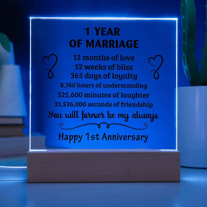 Anniversary Gift - One Year Of Marriage Acrylic Square Plaque with LED Wooden Base - Mallard Moon Gift Shop