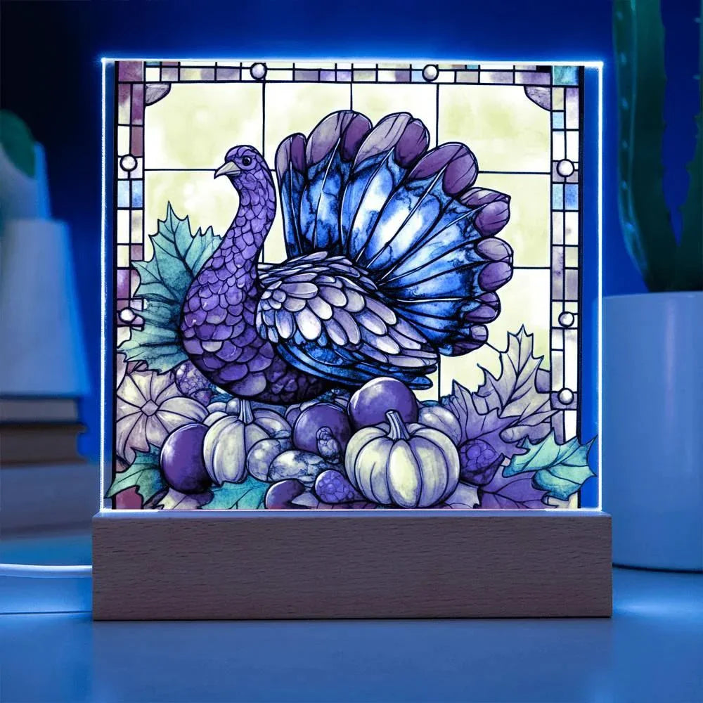 Thanksgiving Turkey Stained-glass Acrylic Square LED Lighted Wooden Base