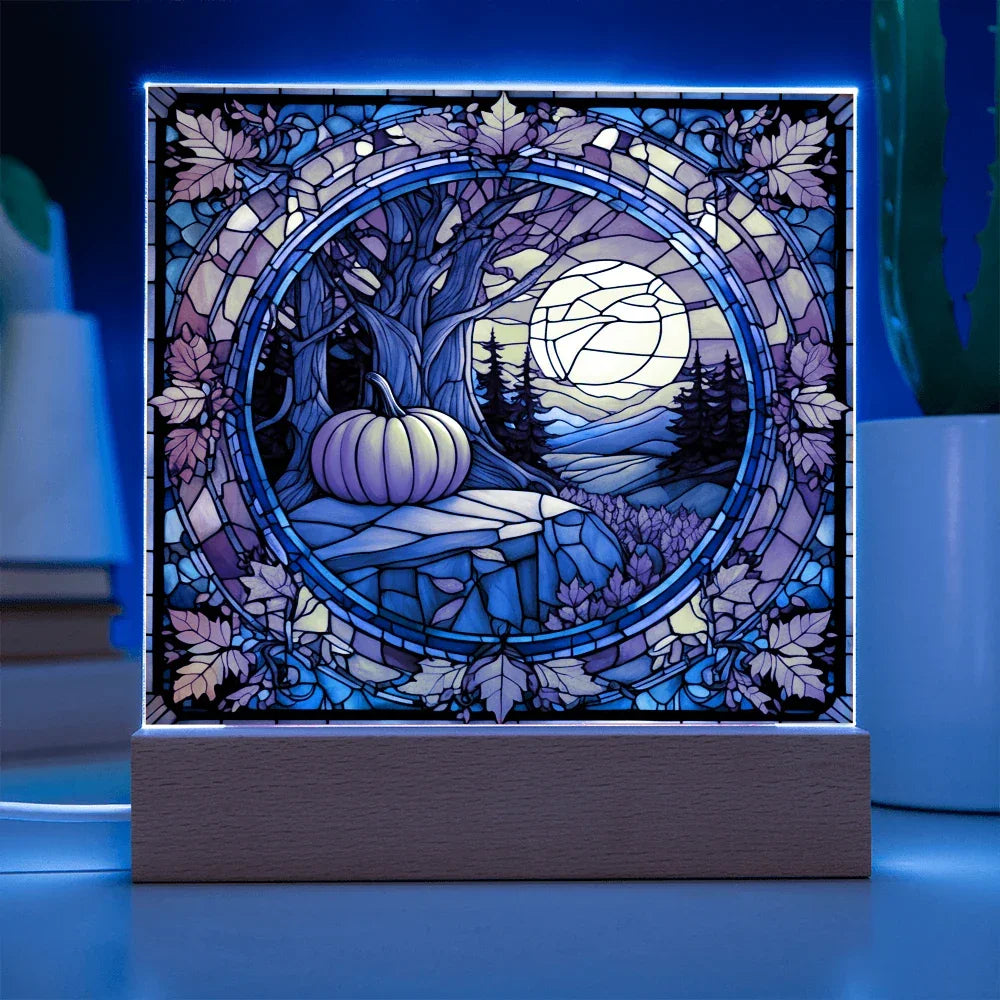 Stained Glass Autumn Pumpkin Sunset Acrylic Plaque – Fall Harvest Home Decor with LED Light Base | Thanksgiving Window Art Accent