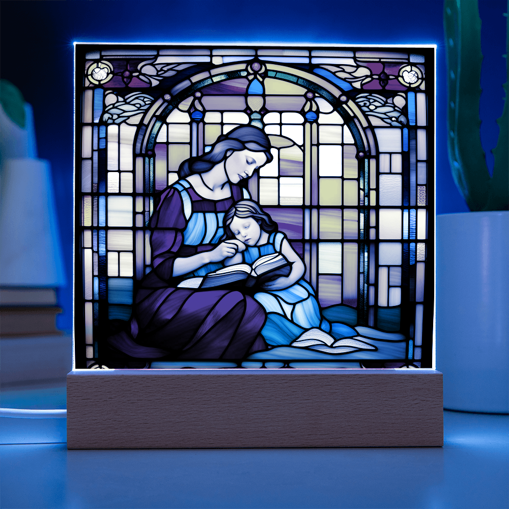 Mother and Child Reading Together Stained-Glass Style LED Acrylic Plaque – A Heartfelt Gift for Moms and Book-Loving Families - Mallard Moon Gift Shop