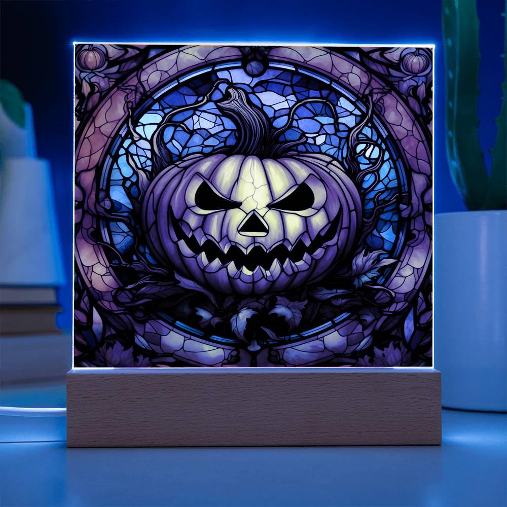 Halloween Pumpkin Stained-Glass Acrylic Square Plaque with LED Wooden Base - Mallard Moon Gift Shop