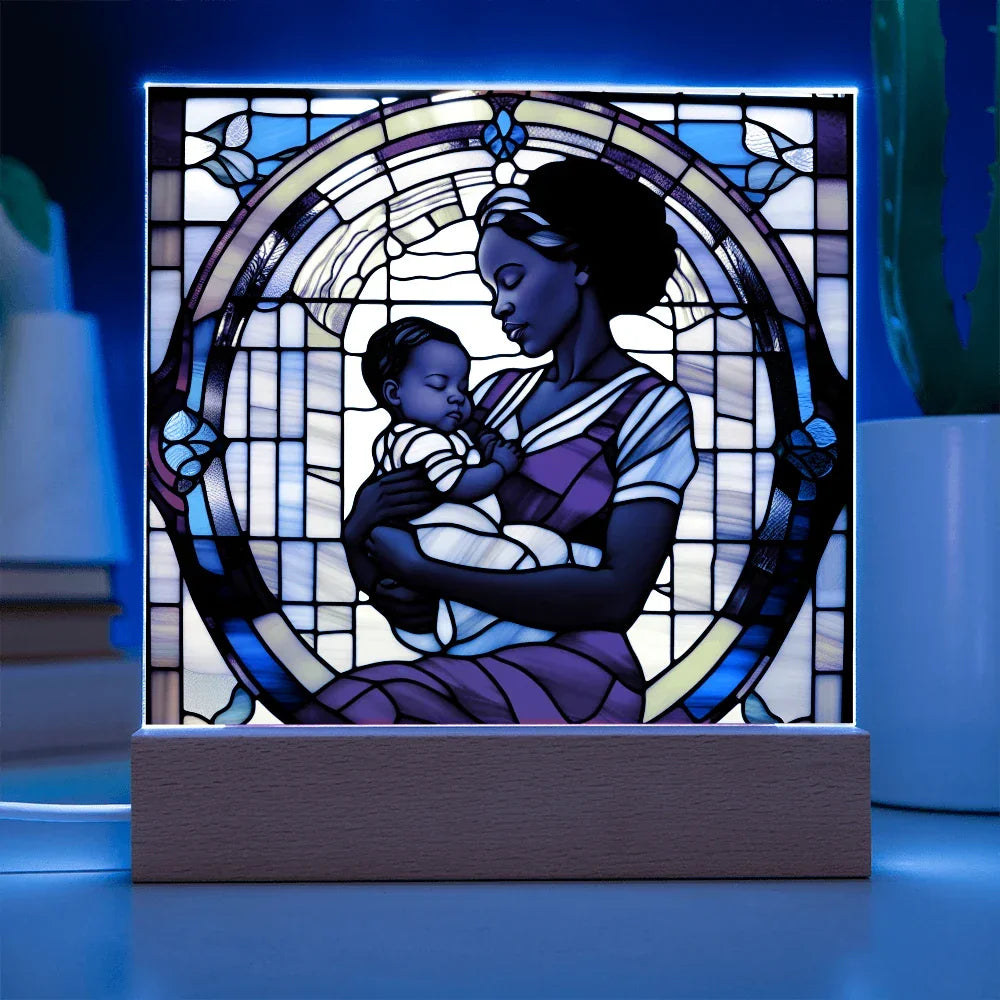 Black Mother and Baby Stained Glass Style LED Acrylic Plaque – A Powerful Tribute for New Moms and Mother's Day