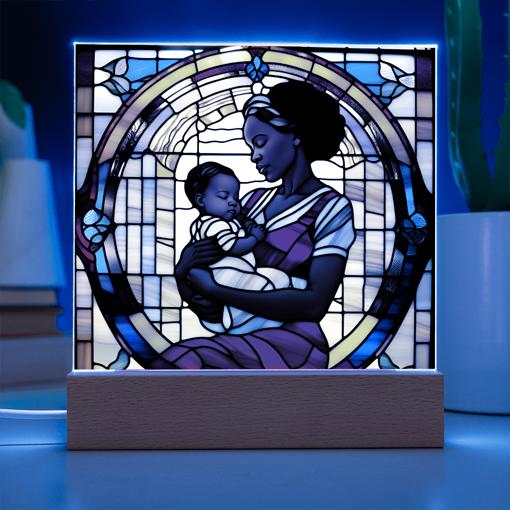 Black Mother and Baby Stained Glass Style LED Acrylic Plaque – A Powerful Tribute for New Moms and Mother's Day - Mallard Moon Gift Shop
