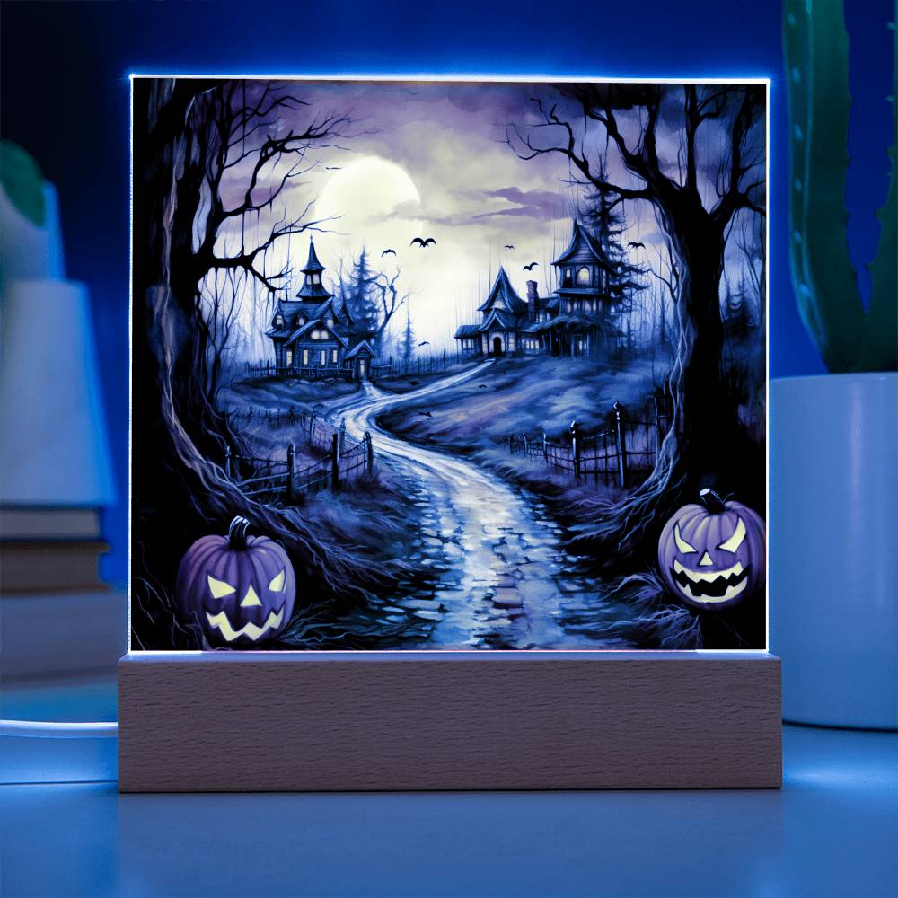 Twilight Terrace: Eerie Mansion Halloween Acrylic Plaque - Mallard Moon Gift Shop
