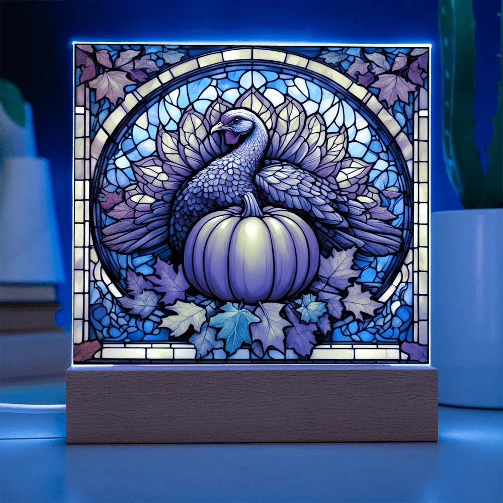 Thanksgiving Stained Glass Turkey Acrylic Plaque – Elegant Fall Home Decor with LED Light Base | Autumn Window Art Inspired Gift
