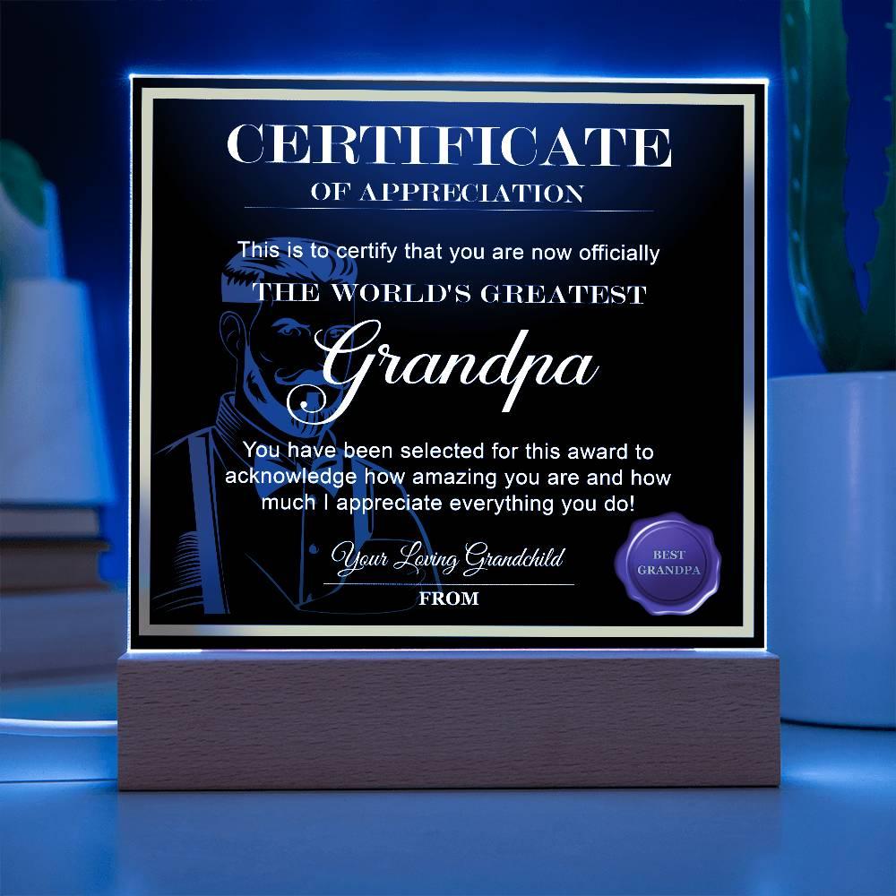 Certificate of Appreciation - The World's Greatest Grandpa Acrylic Plaque - Mallard Moon Gift Shop