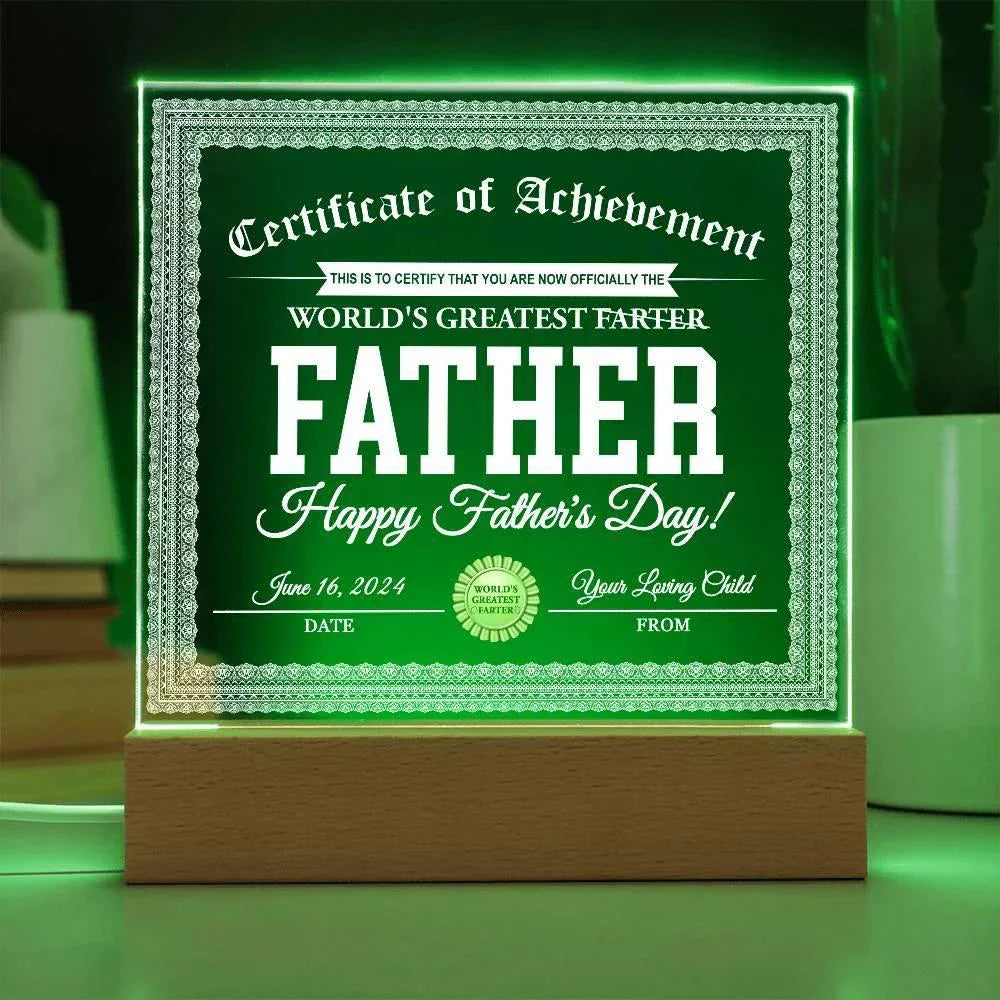 Funny Personalized Father's Day Gift "World’s Greatest Farter" Certificate Acrylic Plaque with LED Light Base