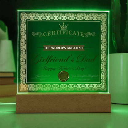 Father's Day Gift Certificate of Achievement for the World's Greatest Girlfriend's Dad Acrylic Plaque - Mallard Moon Gift Shop
