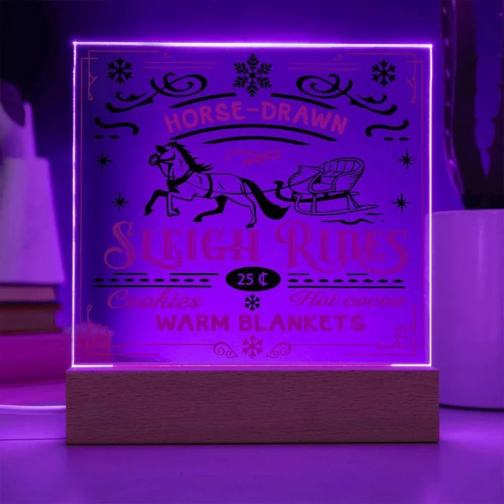 Christmas Horse Drawn Sleigh Rides Acrylic Square Plaque with LED Wooden Base