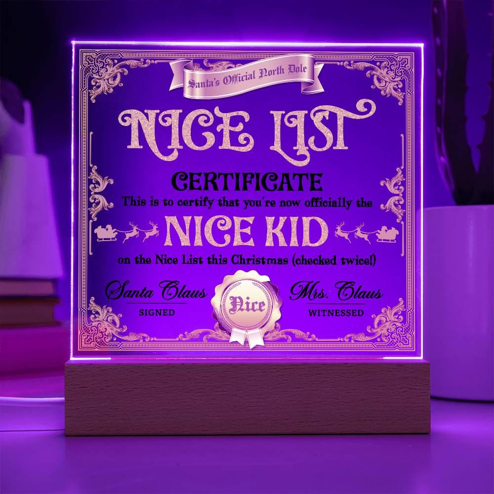 Christmas Decor - Nice Kid List Certificate Acrylic Square Plaque with LED Wooden Base - Mallard Moon Gift Shop