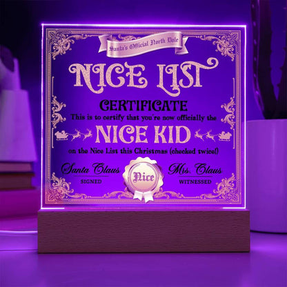 Christmas Decor - Nice Kid List Certificate Acrylic Square Plaque with LED Wooden Base - Mallard Moon Gift Shop