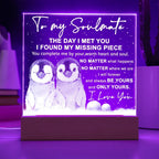 Soulmate Acrylic Plaque – Penguin Couple LED Light Gift | Romantic “You Complete Me” Christmas Keepsake
