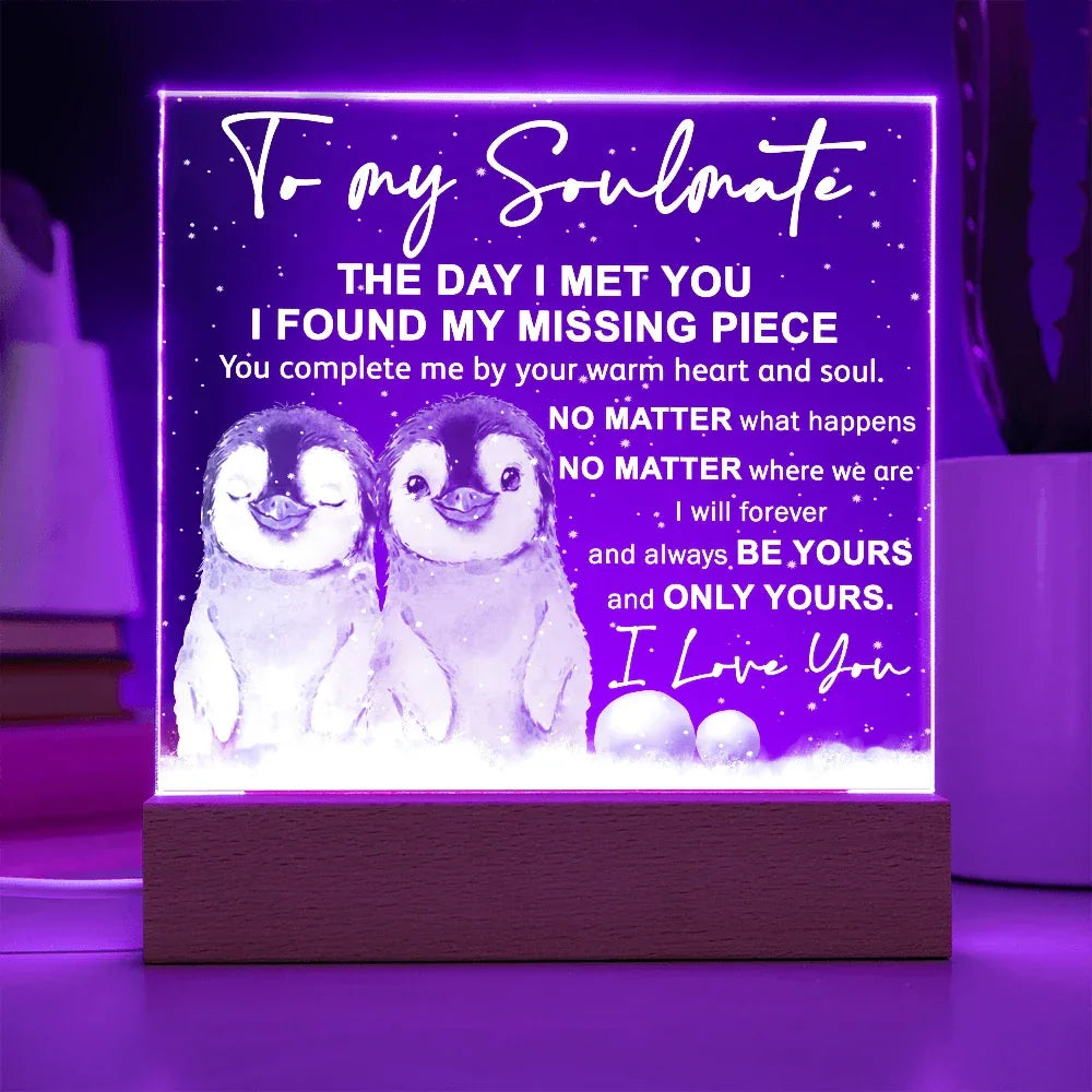 Soulmate Acrylic Plaque – Penguin Couple LED Light Gift | Romantic “You Complete Me” Christmas Keepsake