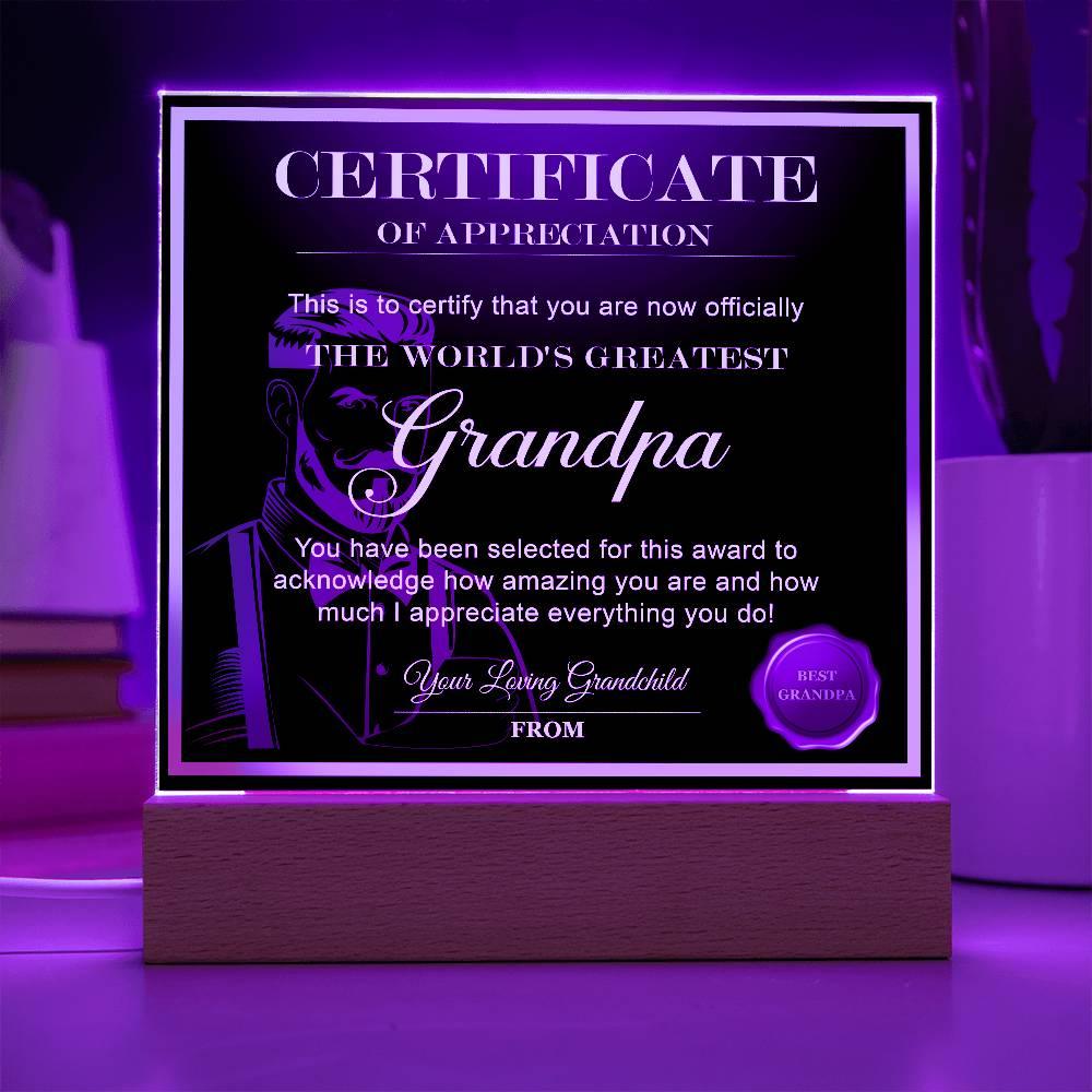 Certificate of Appreciation - The World's Greatest Grandpa Acrylic Plaque - Mallard Moon Gift Shop