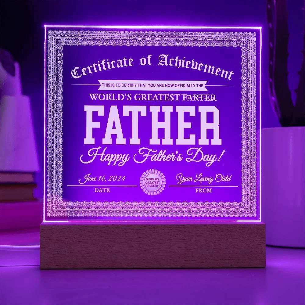 Funny Personalized Father's Day Gift "World’s Greatest Farter" Certificate Acrylic Plaque with LED Light Base