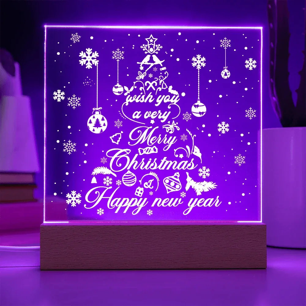 Merry Christmas & Happy New Year Acrylic Plaque – Elegant Holiday LED Light Décor | Festive Tree Design Gift