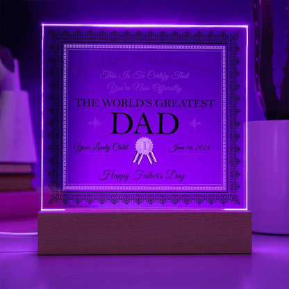 Father's Day Gift Certificate of Achievement for The World's Greatest Dad Personalized Acrylic Plaque - Mallard Moon Gift Shop