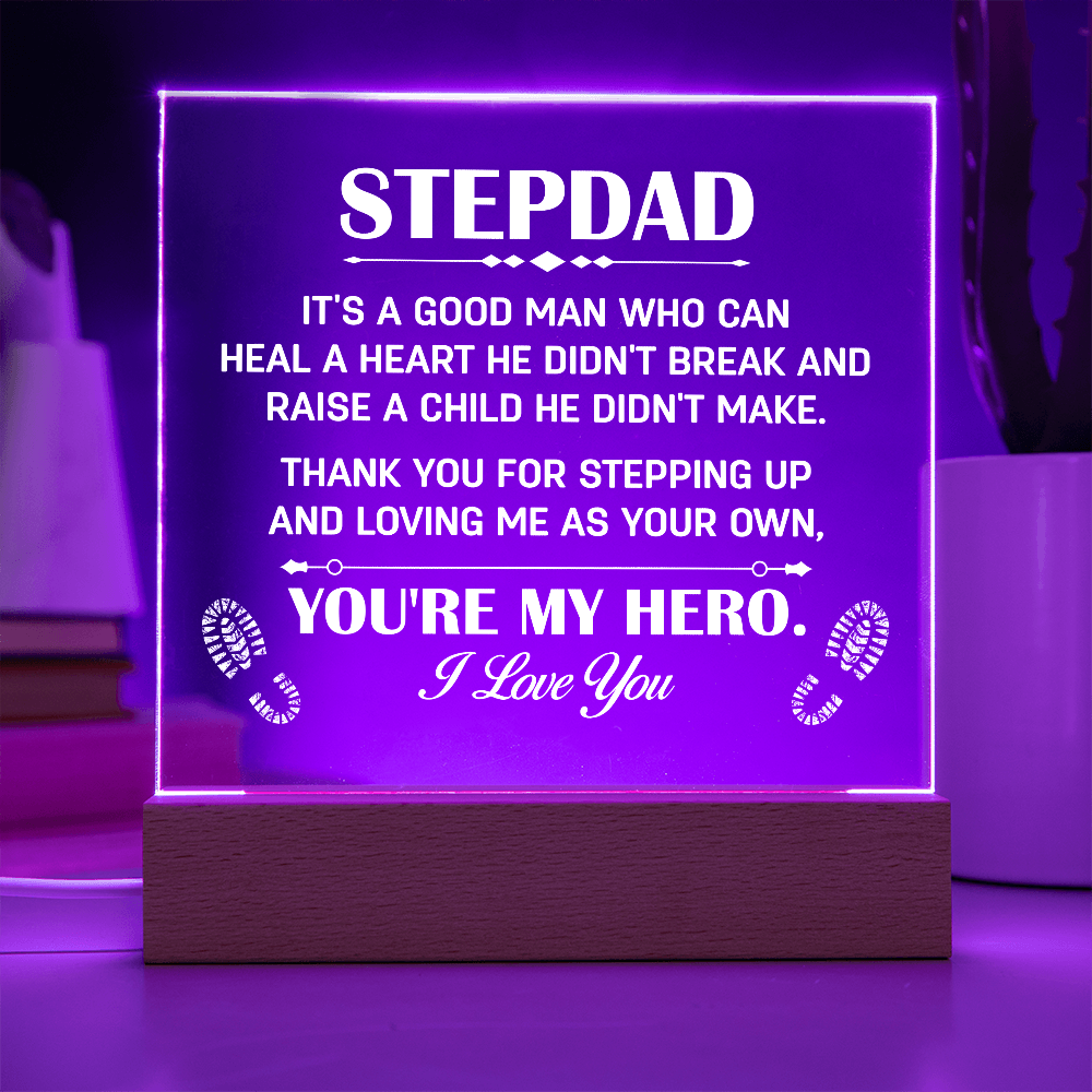 Stepdad Acrylic LED Plaque – “You're My Hero” Personalized Gift with Custom Name for Father's Day, Birthday, or Christmas - Mallard Moon Gift Shop