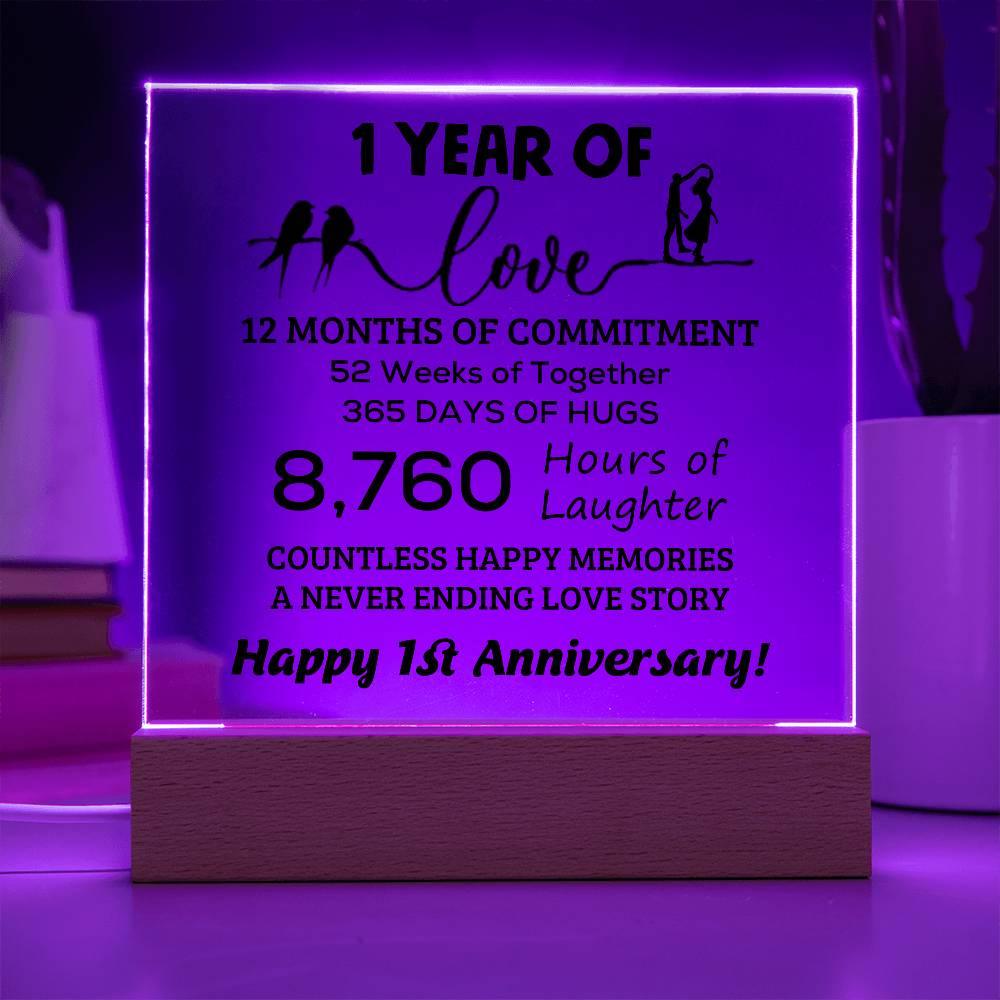Anniversary Gift One Year of Love, Countless Happy Memories Acrylic Square Plaque with LED Wooden Base - Mallard Moon Gift Shop