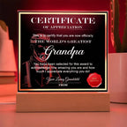 World’s Greatest Grandpa Certificate Acrylic Plaque – Personalized Appreciation Gift with LED Light Base