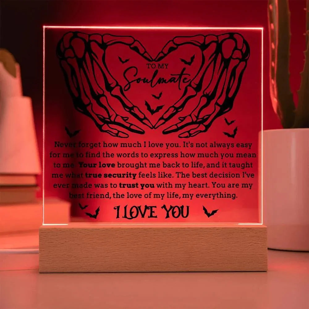 Soulmate - True Security - Halloween Acrylic Square Plaque with LED Lighted Wooden Base