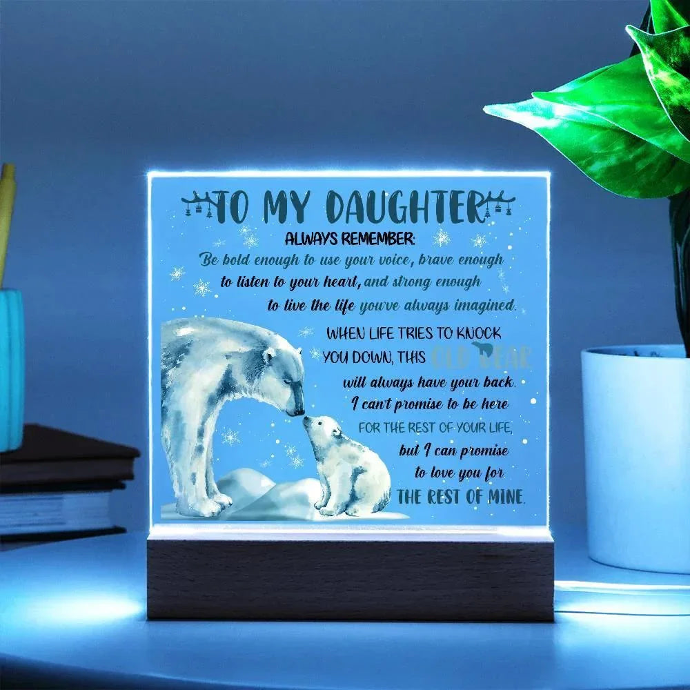 Daughter - This Old Bear Acrylic Square Plaque with LED Wooden Base
