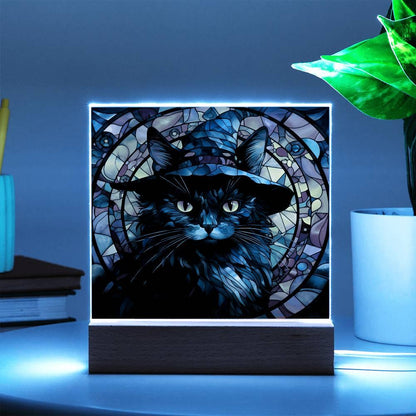 Halloween Decor - Spooky Black Cat Acrylic Square Plaque with LED Wooden Base - Mallard Moon Gift Shop