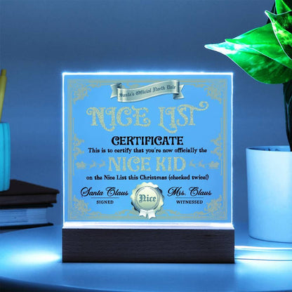 Christmas Decor - Nice Kid List Certificate Acrylic Square Plaque with LED Wooden Base - Mallard Moon Gift Shop