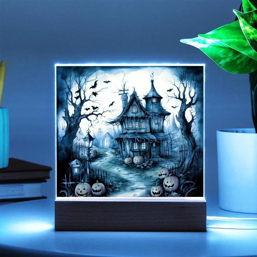 Midnight Manor: Premium Acrylic Halloween Plaque Haunted House Lighted Table-top Decor