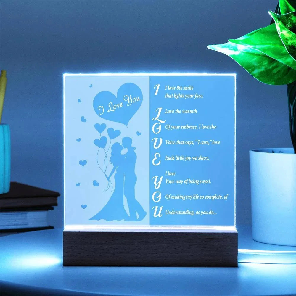 I Love You - Romantic Acrylic LED Plaque – Heartfelt Gift for Wife, Husband, or Partner | Illuminated Poem Keepsake