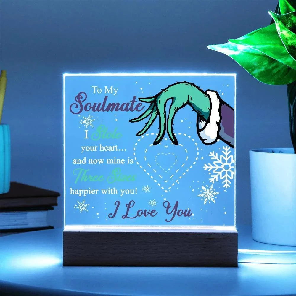 Soulmate Gift - Stole My Heart - Christmas Acrylic Plaque with Lighted LED Wooden Base