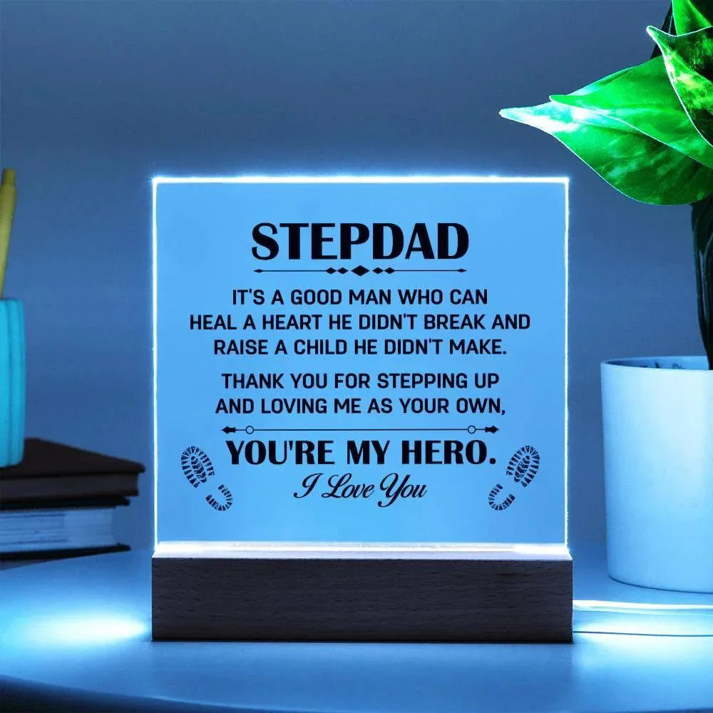 Stepdad Acrylic Plaque -You're My Hero– Personalized LED Light Gift for Bonus Dad | Father's Day, Christmas, or Birthday Keepsake