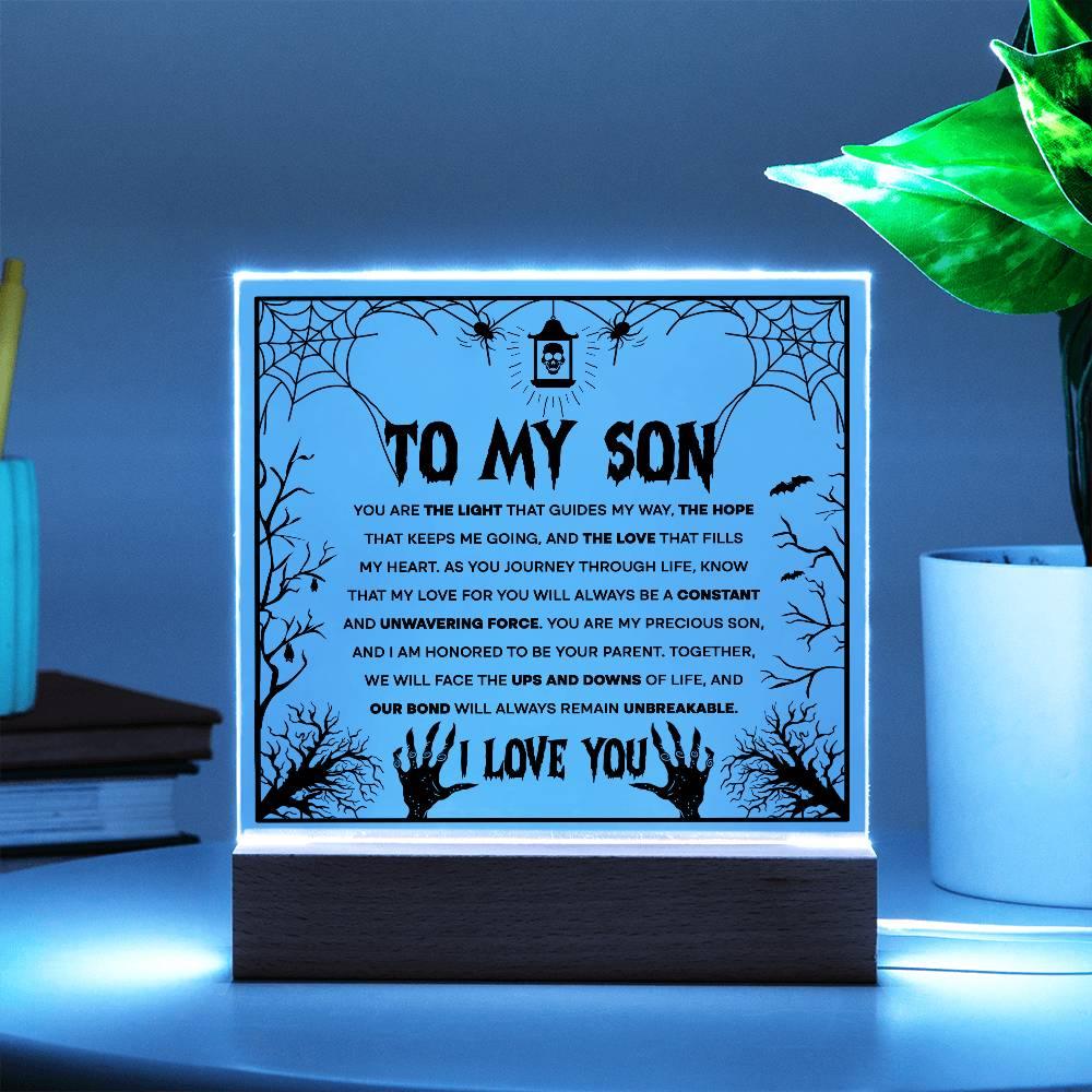 Son - Unwavering Force - Halloween Acrylic Square Plaque with LED Wooden Base - Mallard Moon Gift Shop