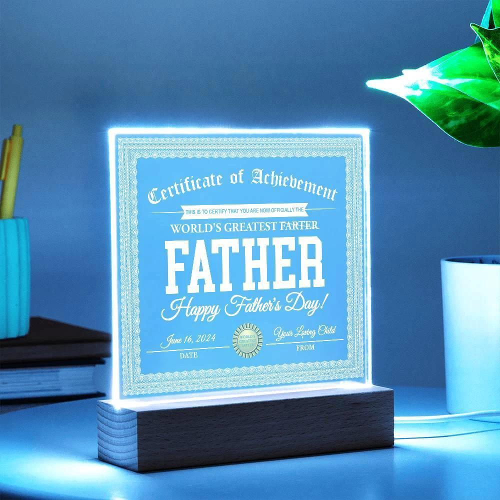 Funny Personalized Father's Day Gift "World’s Greatest Farter" Certificate Acrylic Plaque with LED Light Base