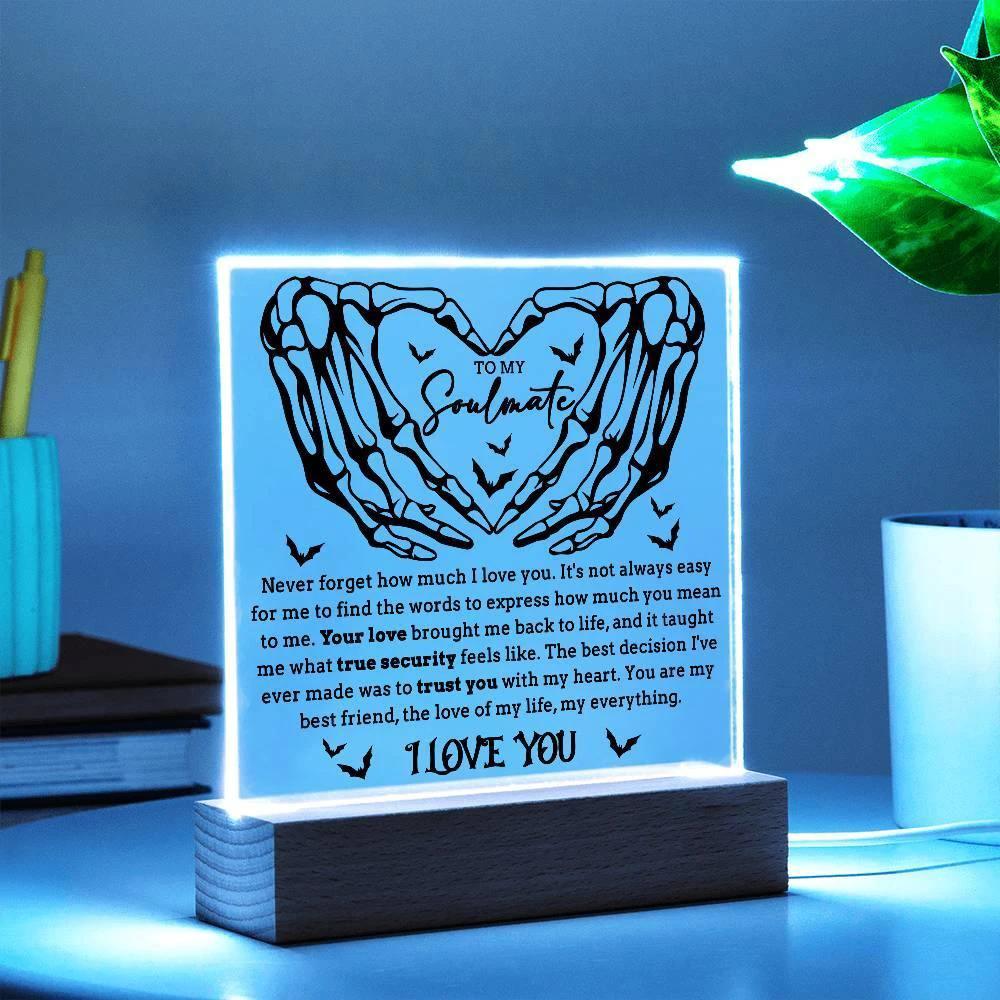 Soulmate - True Security - Halloween Acrylic Square Plaque with LED Lighted Wooden Base