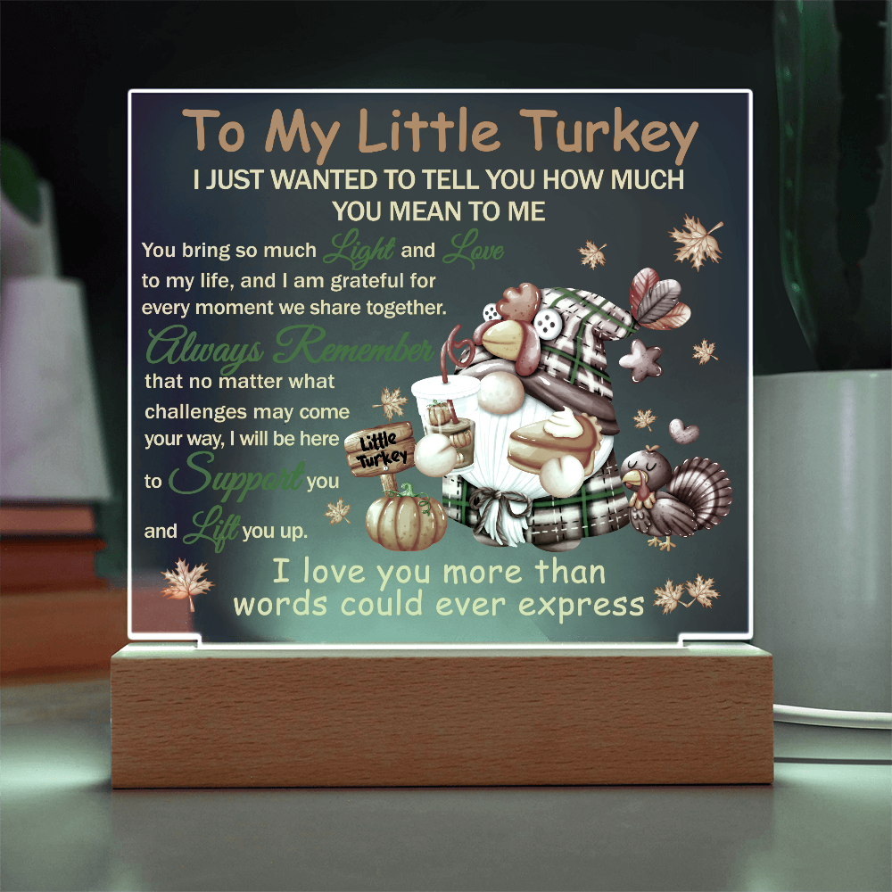 To My Little Turkey Acrylic Plaque – Heartfelt Thanksgiving Gift for Child, Grandchild, or Loved One | Cute Fall Message Keepsake | LED Light Base Option