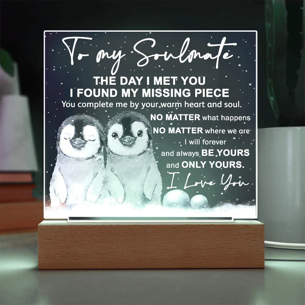 Soulmate Acrylic Plaque – Penguin Couple LED Light Gift | Romantic “You Complete Me” Christmas Keepsake