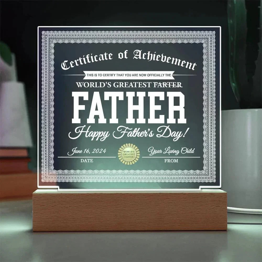Funny Personalized Father's Day Gift "World’s Greatest Farter" Certificate Acrylic Plaque with LED Light Base