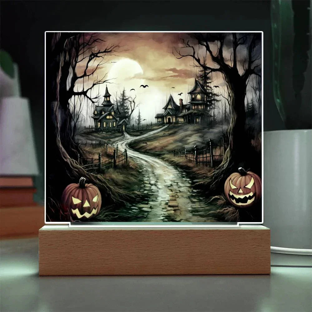 Twilight Terrace: Eerie Mansion Halloween Acrylic Plaque